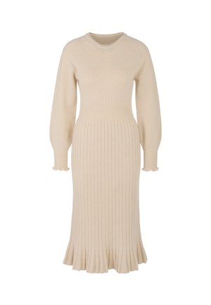 Beige ribbed knit dress with long sleeves, fitted bodice, flared hem, and ruffled cuffs, made from soft material with horizontal and vertical patterns.