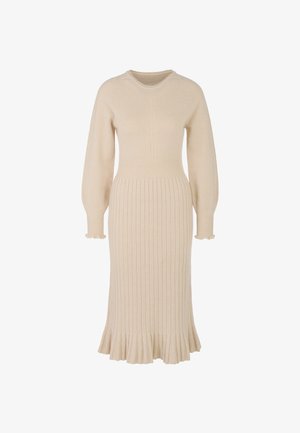 Beige ribbed knit dress with long sleeves, fitted bodice, flared hem, and ruffled cuffs, made from soft material with horizontal and vertical patterns.