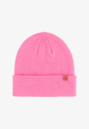 Pink knit beanie with a folded cuff. Smooth texture, rounded top with slight stitching detail. Features a small brown leather logo tag.
