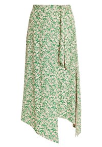 Blommig omlottkjol i krämvitt med grönt botaniskt mönster, med sidoknytning och asymmetrisk fåll. Lätt tyg, mjuk textur.