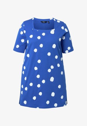 Blauw tuniekhemd met korte mouwen, witte onregelmatige polkadotjes en een vierkante halslijn.