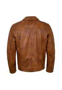 Braune Lederjacke mit glatter Textur, strukturierten Nähten, einem klassischen Kragen und einer taillierten Passform. Die Rückansicht zeigt die Nähdetails.