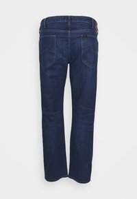 Mörkblå denimjeans med rak bendesign, med två bakfickor och en robust midja, visade bakifrån.