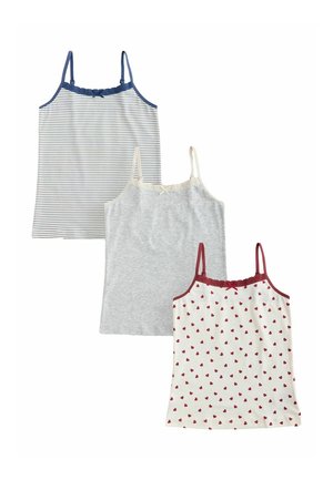 Try moteriškos su daug plonais petnešėlėmis: viena balta su tamsiai mėlynomis juostelėmis, viena pilka vienspalvė ir viena balta su raudonų širdelių raštu ir raudona apdaila.