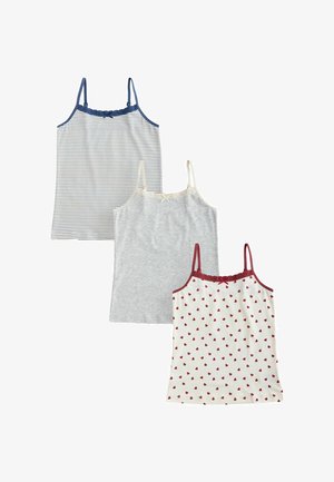 Kolm naiste õhukeste rihmadega kampsunit: üks valge mereväe triipudega, üks ühevärviline hall ning üks valge punaste südamemustrite ja punase äärisega.