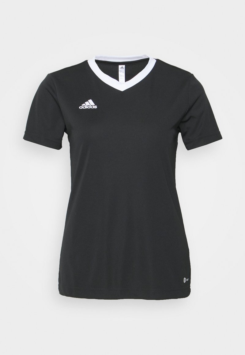 Black short-sleeve sports shirt with a V-neck and white collar. Adidas logo in white on the left chest, made of smooth, synthetic fabric.