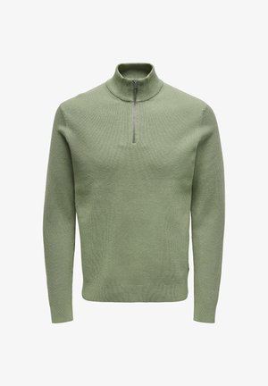 Grüner Pullover aus geripptem Strick mit hohem Kragen und halbem Reißverschluss. Weiche Textur und figurbetontes Design, mit langen Ärmeln und geradem Saum.