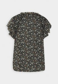 Blouse noire avec petit imprimé floral blanc, orange et vert, manches courtes à volants et encolure froncée, vue de dos.