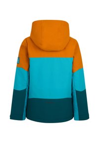 Farbenfrohe Jacke mit einer orangefarbenen Kapuze, türkisfarbenen und dunkelgrünen Abschnitten, aus einem synthetischen Material mit einer glatten Textur.