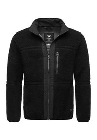 Black fleece jacket with soft texture, zippered front, and two chest pockets. Features contrasting black fabric along the sides.