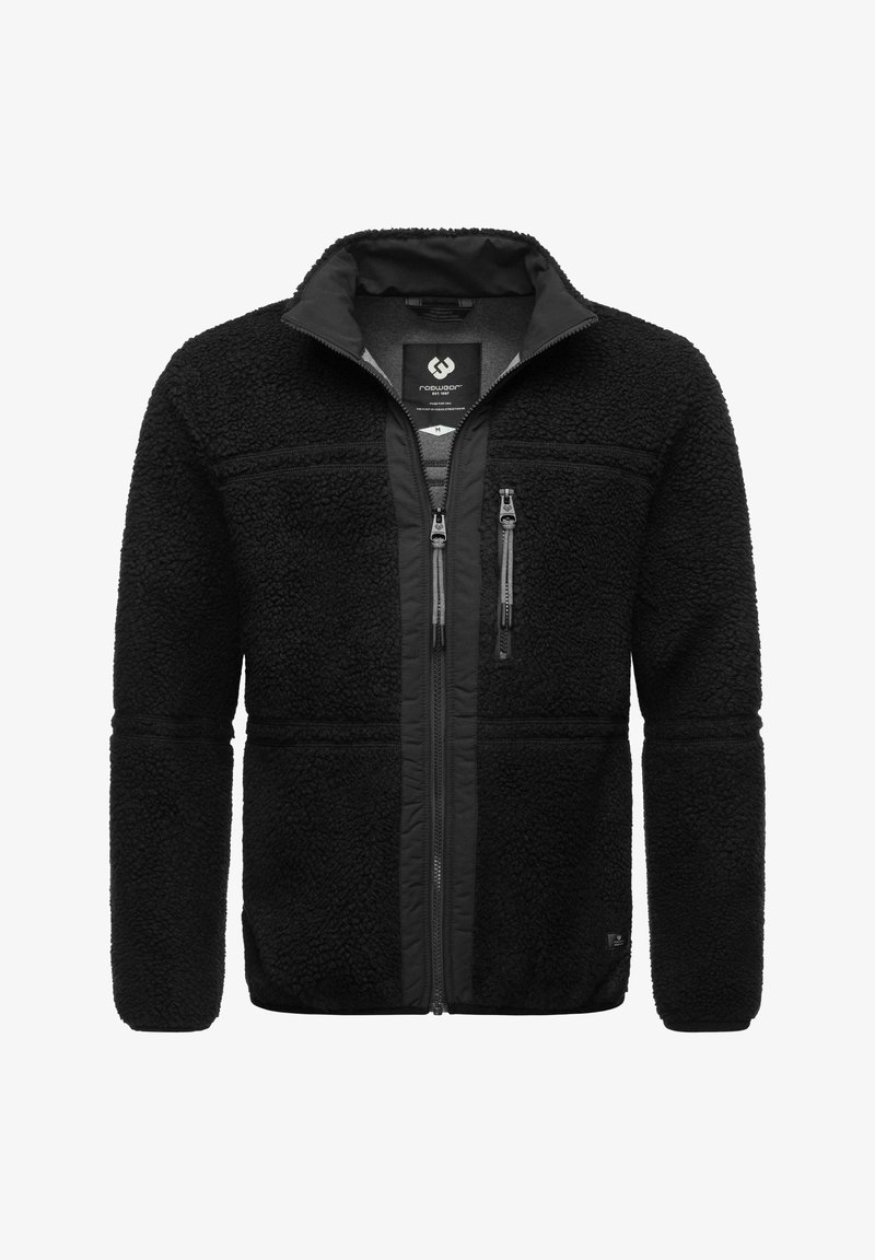 Black fleece jacket with soft texture, zippered front, and two chest pockets. Features contrasting black fabric along the sides.