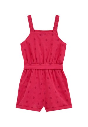 Czerwony kombinezon bez rękawów z delikatną fakturą w groszki, elastyczną talią, regulowanymi ramionkami i podwiniętymi szortami.