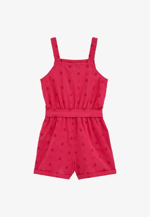 Crveni kombinezon bez rukava s suptilnim uzorkom točkica, elastičnim strukom, podesivim naramenicama i zavrnutim kratkim hlačama.