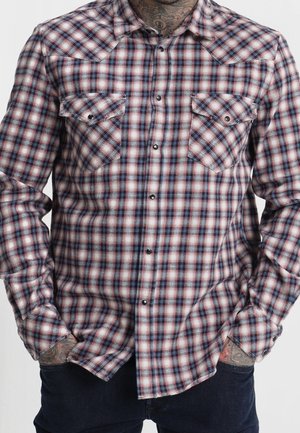 Rot, weiß und blau karierter Hemd mit langen Ärmeln, zwei Brusttaschen und schwarzen Knöpfen. Baumwollstoff mit einer weichen Textur.
