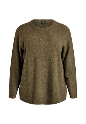 Pull olive vert en tricot doux et texturé. Il possède un col rond, des manches longues et une coupe décontractée. Pas de motifs ni d'ornements visibles.