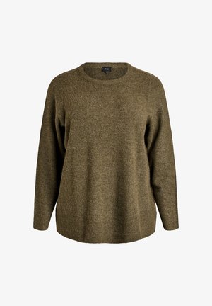Pull olive vert en tricot doux et texturé. Il possède un col rond, des manches longues et une coupe décontractée. Pas de motifs ni d'ornements visibles.
