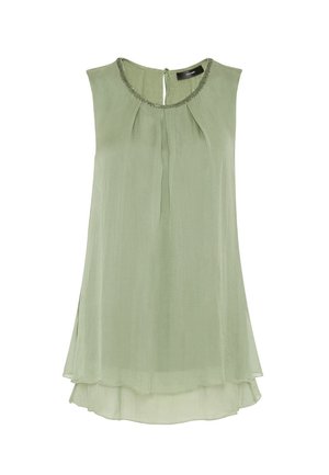 Bezrekawnikowa bluzka z lekkiego zielonego szyfonu z ozdobnym koralikowym okrągłym dekoltem, plisami z przodu, kluczowym wycięciem z tyłu i warstwowym dołem.
