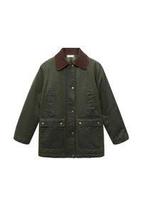 Vihreä takki tukevaa kangasta, jossa on ruskea samettikaulus, kaksi etutaskua ja napinlävelukkeet.