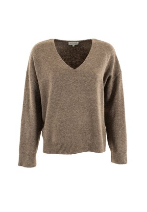 Suéter marrón de cuello en V con mangas largas, textura suave, dobladillo acanalado y un ajuste relajado. Fabricado con un material mezclado que tiene un ligero brillo.