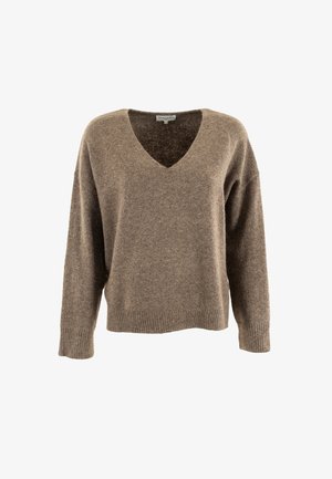 Suéter marrón de cuello en V con mangas largas, textura suave, dobladillo acanalado y un ajuste relajado. Fabricado con un material mezclado que tiene un ligero brillo.