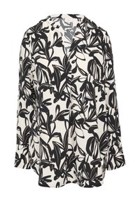 Zwart-witte blouse met een bloemenpatroon, gemaakt van lichte stof. Het heeft een V-hals, lange mouwen en een losse pasvorm.