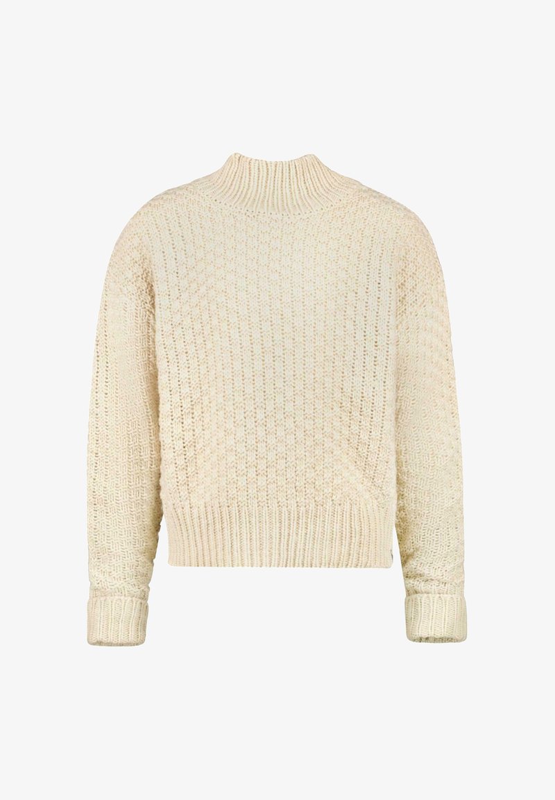 Crèmewitte gebreide trui met een hoge kraag, een gestructureerd patroon, ribbelmanchetten en een relaxte pasvorm.
