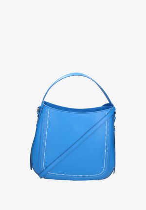 Borsa a tracolla in pelle blu con una forma strutturata, caratterizzata da accenti di cuciture bianche e una tracolla rimovibile per maggiore versatilità.