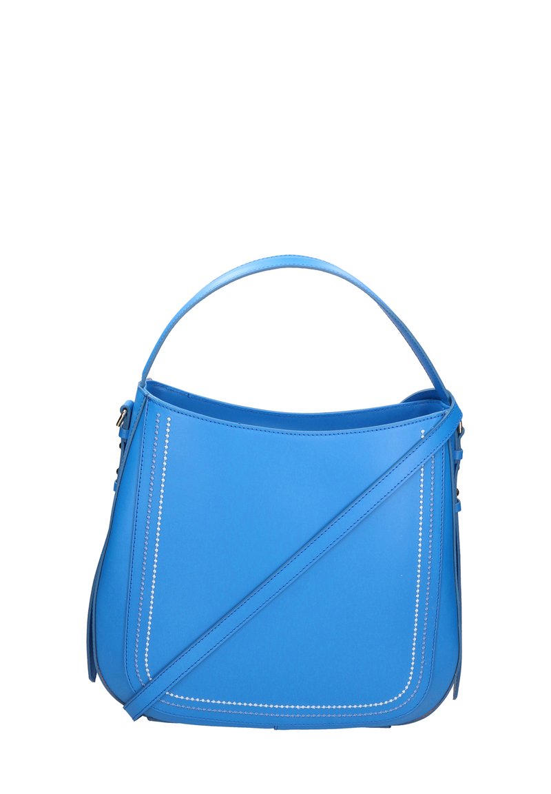 Borsa in pelle blu con una forma curva, caratterizzata da cuciture a contrasto e una cinghia piatta per la spalla. Texture liscia e design minimalista.