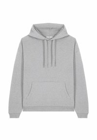 Sivi pamučni dukserica s prednjim džepom, kapuljačom na vezanje i rebrastim manžetama. Mekana tekstura s jednostavnim dizajnom, bez vidljivih uzoraka ili grafika.