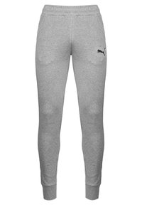 Träningsbyxor i mjuk grå fleece, med en avsmalnande passform, elastisk midja och en svart Puma-logotyp på vänster lår.