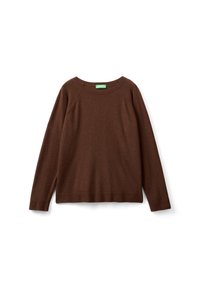 Maglione marrone con collo rotondo, maniche lunghe a raglan, polsini e orlo a costine, e una texture liscia. Presenta un'etichetta verde del marchio all'interno.