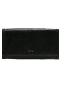 Portafoglio in pelle nera con superficie texturizzata, con logo "Fossil" in oro e cuciture discrete lungo i bordi. Design orizzontale.