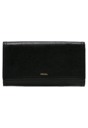 Black leather wallet with a textured surface, featuring a gold "Fossil" logo and discreet stitching along the edges. Horizontal design.