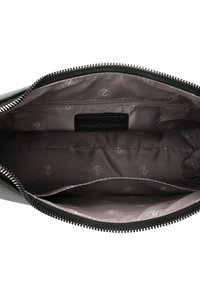 Black leather bag interior with a smooth, gray lining featuring a repeated logo pattern. Includes a zipped compartment and strong zipper.