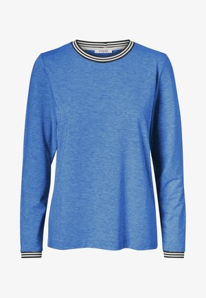 Long-sleeve blue shirt with a textured finish, featuring a black and white striped ribbed collar and relaxed fit design.