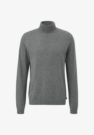 Jersey de cuello alto gris hecho de tejido de punto suave, con mangas largas y un diseño ajustado. Sin patrones visibles ni acentos de hardware.