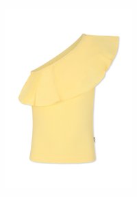 Top giallo a spalla unica con ruches fluttuanti lungo lo scollo e un corpo aderente a costine. Il materiale appare liscio e elastico.