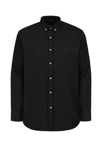 Czarna longsleeve koszula z kołnierzykiem zapinanym na guziki, z przodu z listwą zapinaną na guziki i szarymi guzikami. Gładki materiał o klasycznym, prostym kroju.