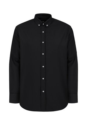 Czarna longsleeve koszula z kołnierzykiem zapinanym na guziki, z przodu z listwą zapinaną na guziki i szarymi guzikami. Gładki materiał o klasycznym, prostym kroju.