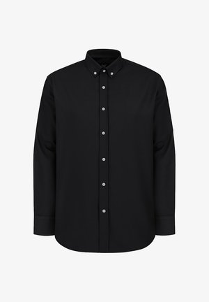 Czarna longsleeve koszula z kołnierzykiem zapinanym na guziki, z przodu z listwą zapinaną na guziki i szarymi guzikami. Gładki materiał o klasycznym, prostym kroju.