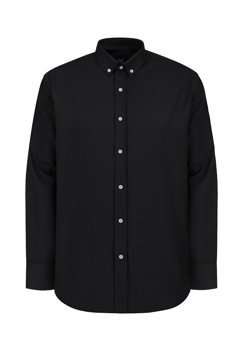Czarna longsleeve koszula z kołnierzykiem zapinanym na guziki, z przodu z listwą zapinaną na guziki i szarymi guzikami. Gładki materiał o klasycznym, prostym kroju.