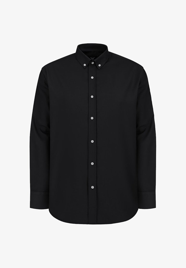 Czarna longsleeve koszula z kołnierzykiem zapinanym na guziki, z przodu z listwą zapinaną na guziki i szarymi guzikami. Gładki materiał o klasycznym, prostym kroju.