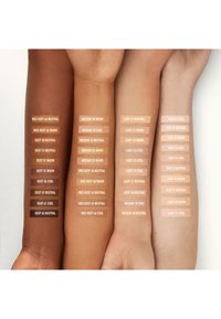 Een weergave van diverse huidtinten op armen, elk gelabeld met kleurnaam en ondertoon, met neutrale, warme en koele variaties.