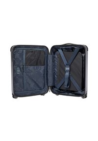 Harde koffer in donkerblauw met een interieur met bloemenpatroon, voorzien van een gaasvak, kruisbanden en dubbele wielen voor bewegelijkheid.