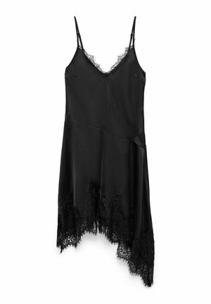 Vestito in raso nero con spalline regolabili, caratterizzato da un bordo in pizzo sull'orlo e una silhouette rilassata e asimmetrica.