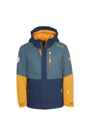 Bunte Jacke mit einem navyblauen unteren Teil, hellblauen und orangefarbenen Abschnitten, einer Kapuze, mehreren mit Reißverschluss versehenen Taschen und einem Logopatch am Ärmel.