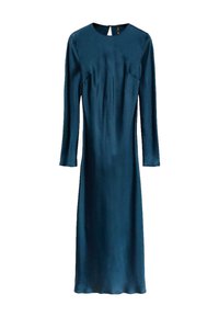 Langzaam, teal jurk van glad satijn. Heeft een ronde halslijn en een sleutelgatopening aan de achterkant. Fitted silhouet.