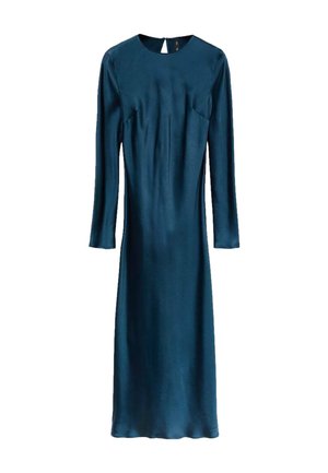 Langzaam, teal jurk van glad satijn. Heeft een ronde halslijn en een sleutelgatopening aan de achterkant. Fitted silhouet.