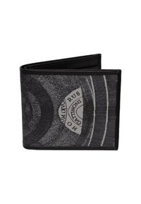 Portefeuille bi-fold noir avec un design circulaire en nuances de gris complexe et un texte en partie en latin sur son côté avant.