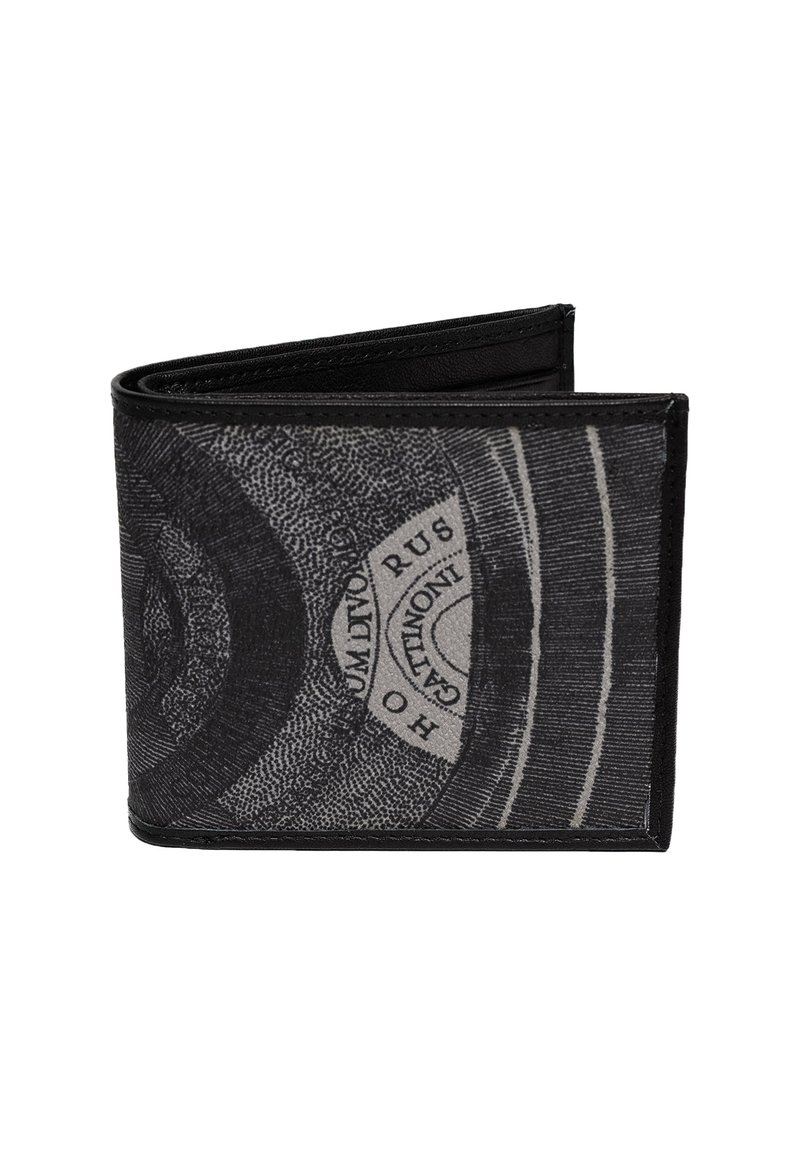 Portefeuille bi-fold noir avec un design circulaire en nuances de gris complexe et un texte en partie en latin sur son côté avant.